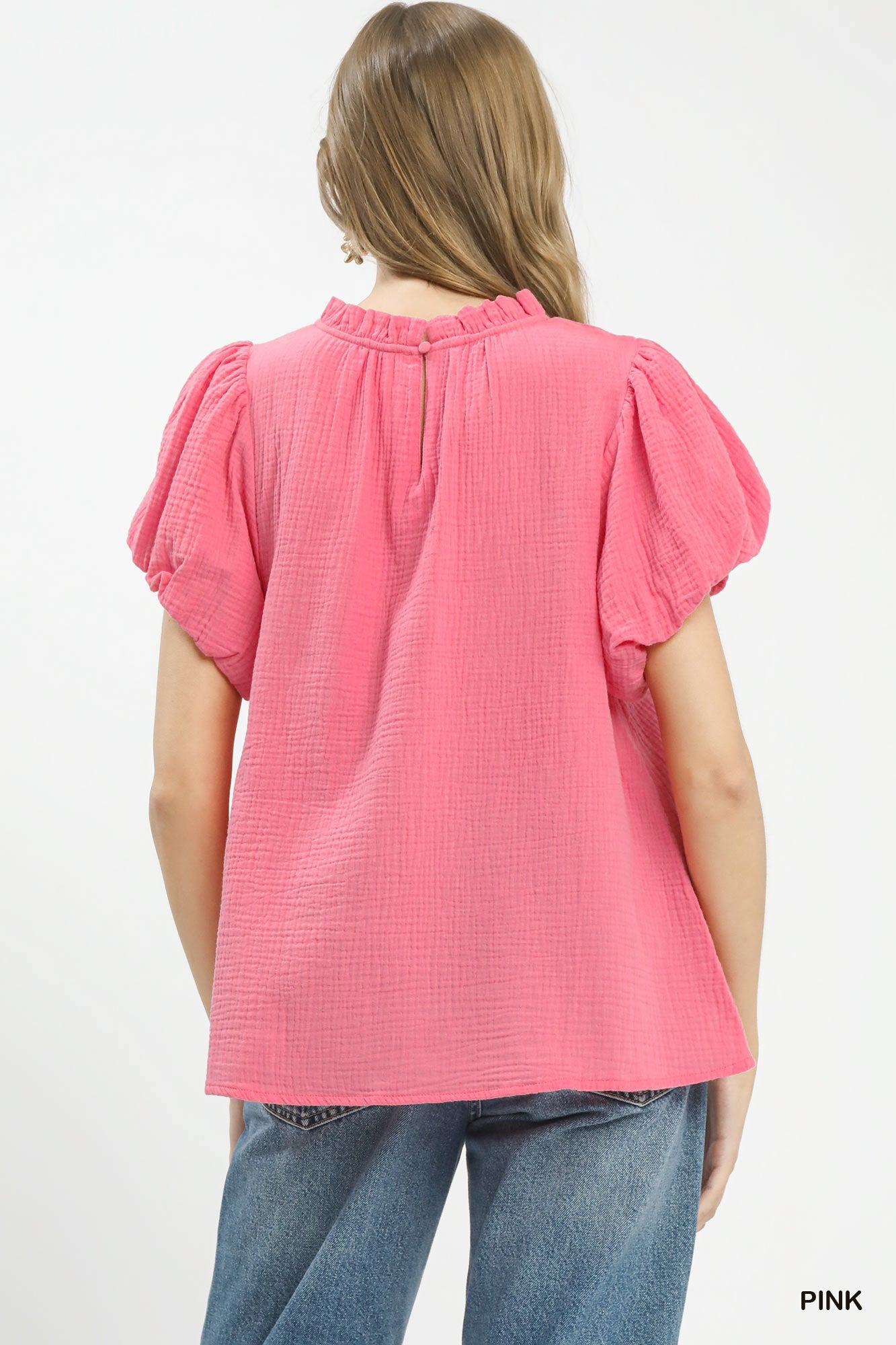 Umgee Casual Blouse Pink Textured Cotton Gauze Ruffle Mock Neck Top