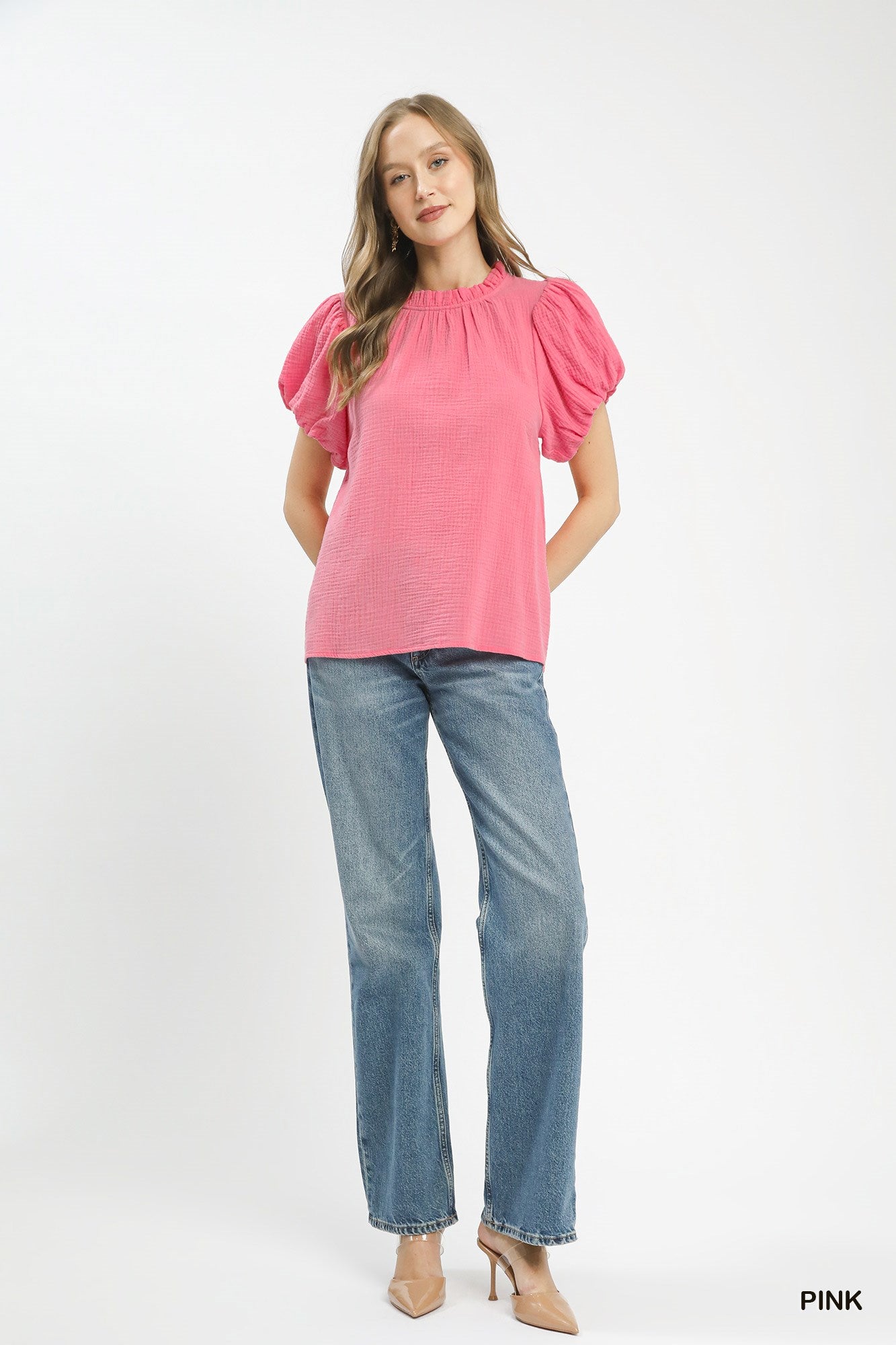 Umgee Casual Blouse Pink Textured Cotton Gauze Ruffle Mock Neck Top