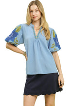 Umgee Casual Blouse Blue Textured Floral Embroidered Sleeve V-neck Trim Top