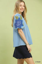 Umgee Casual Blouse Blue Textured Floral Embroidered Sleeve V-neck Trim Top