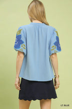 Umgee Casual Blouse Blue Textured Floral Embroidered Sleeve V-neck Trim Top