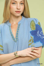 Umgee Casual Blouse Blue Textured Floral Embroidered Sleeve V-neck Trim Top