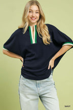 Umgee Blouse Navy Textured Rib Knit V-Neck Stripe Trim Casual Loose Top