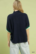 Umgee Blouse Navy Textured Rib Knit V-Neck Stripe Trim Casual Loose Top