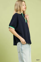 Umgee Blouse Navy Textured Rib Knit V-Neck Stripe Trim Casual Loose Top