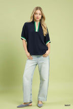 Umgee Blouse Navy Textured Rib Knit V-Neck Stripe Trim Casual Loose Top