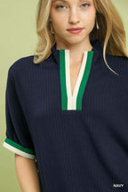 Umgee Blouse Navy Textured Rib Knit V-Neck Stripe Trim Casual Loose Top