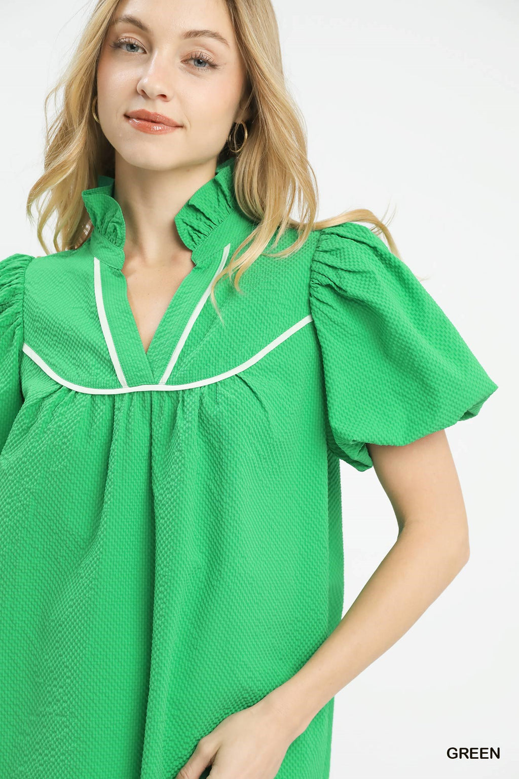 Umgee Blouse Textured Casual V-Neck Ruffle Trim Short Puff Sleeve Top Green