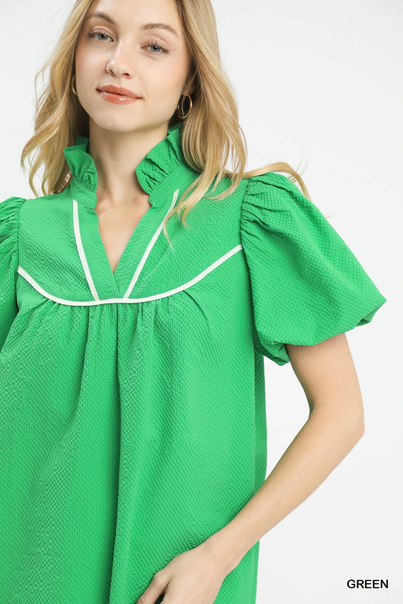 Umgee Blouse Textured Casual V-Neck Ruffle Trim Short Puff Sleeve Top Green