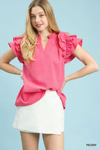 Umgee Ruffle Blouse Textured V-Neck Short Flutter Sleeve Casual Pink Top