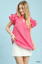 Umgee Ruffle Blouse Textured V-Neck Short Flutter Sleeve Casual Pink Top