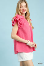 Umgee Ruffle Blouse Textured V-Neck Short Flutter Sleeve Casual Pink Top