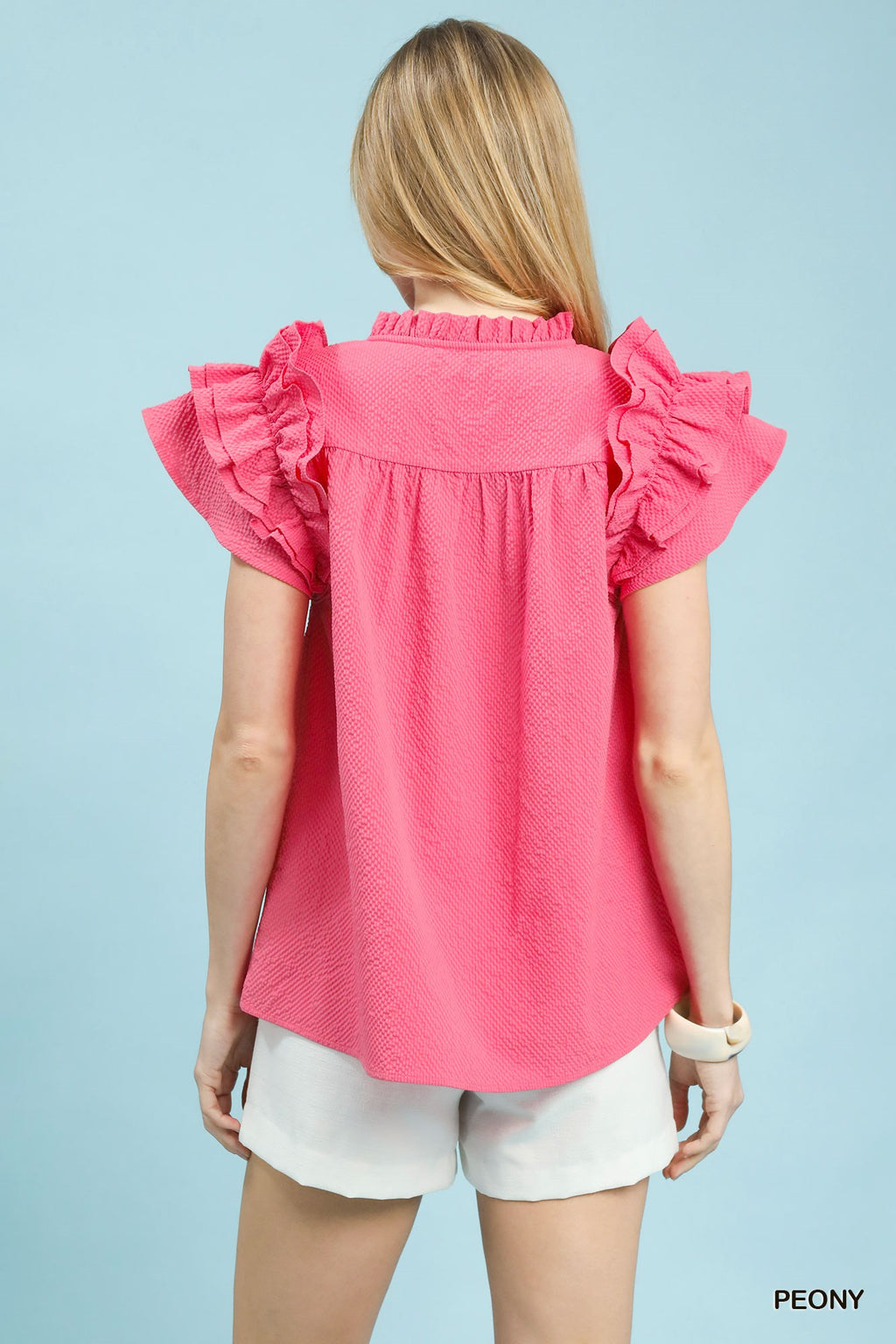 Umgee Ruffle Blouse Textured V-Neck Short Flutter Sleeve Casual Pink Top