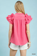 Umgee Ruffle Blouse Textured V-Neck Short Flutter Sleeve Casual Pink Top