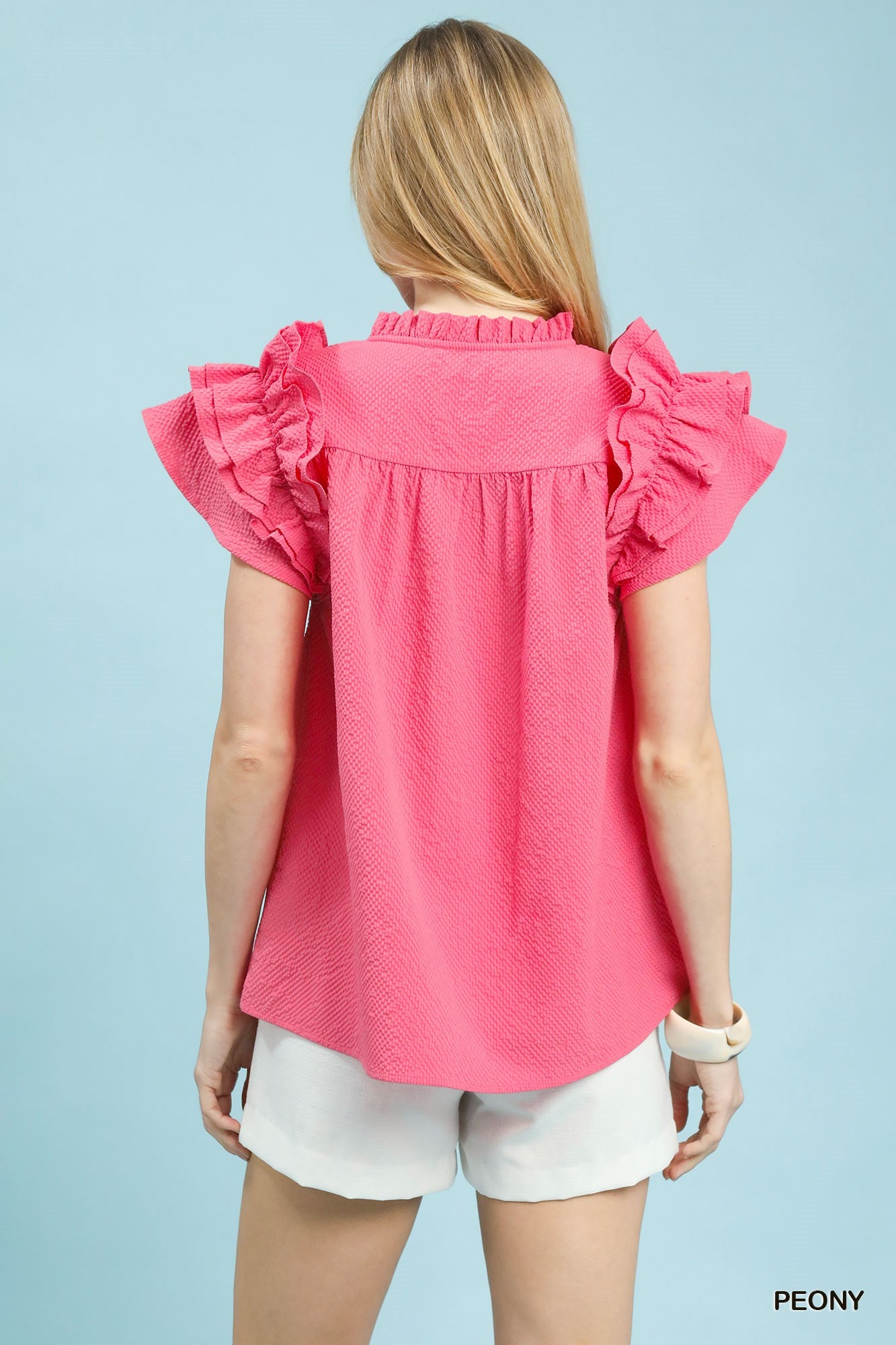 Umgee Ruffle Blouse Textured V-Neck Short Flutter Sleeve Casual Pink Top