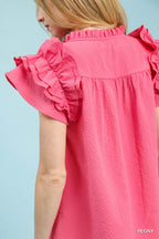 Umgee Ruffle Blouse Textured V-Neck Short Flutter Sleeve Casual Pink Top