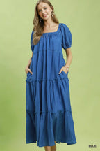 Umgee Midi Dress Blue Textured Ruffle Layered Square Neck Short Sleeve