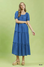 Umgee Midi Dress Blue Textured Ruffle Layered Square Neck Short Sleeve