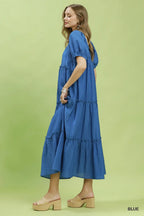 Umgee Midi Dress Blue Textured Ruffle Layered Square Neck Short Sleeve