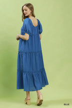 Umgee Midi Dress Blue Textured Ruffle Layered Square Neck Short Sleeve