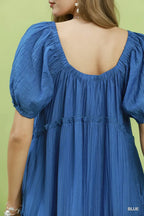 Umgee Midi Dress Blue Textured Ruffle Layered Square Neck Short Sleeve