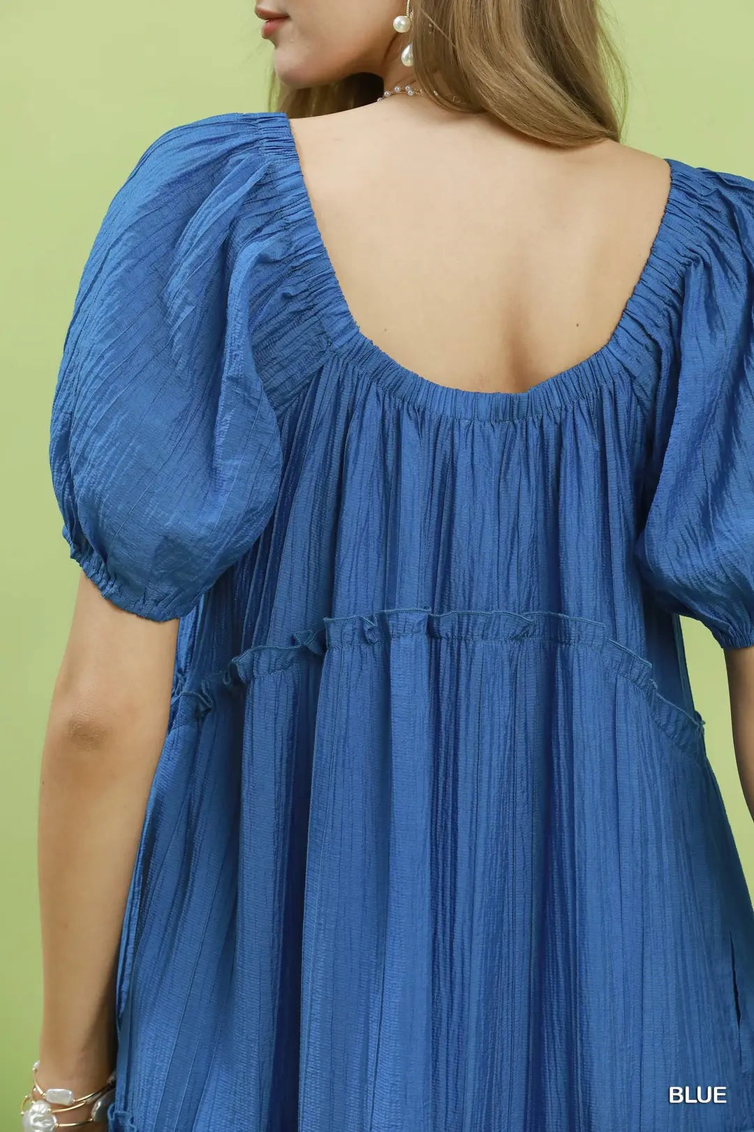 Umgee Midi Dress Blue Textured Ruffle Layered Square Neck Short Sleeve