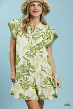 Umgee Mini Dress Floral Sage Green V-Neck Button Ruffle Short Sleeve