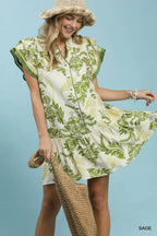 Umgee Mini Dress Floral Sage Green V-Neck Button Ruffle Short Sleeve