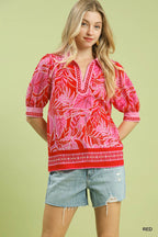 Umgee Casual Blouse Red Floral V-neck Lace Trim Short Puff Sleeve Top