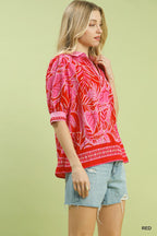 Umgee Casual Blouse Red Floral V-neck Lace Trim Short Puff Sleeve Top