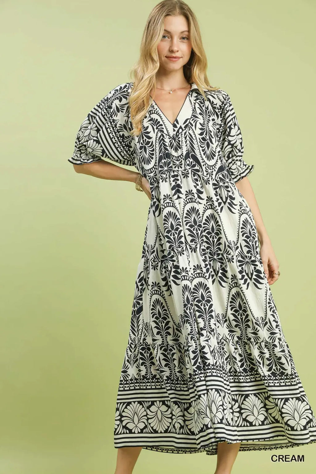 Umgee Midi Dress Paisley Cream Black Print V-Neck Collared Casual Ruffle Flowy