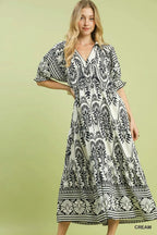 Umgee Midi Dress Paisley Cream Black Print V-Neck Collared Casual Ruffle Flowy