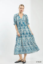 Umgee Midikleid Paisley Hellblau Print V-Ausschnitt Kragen Lässig Rüschen Fließend