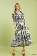 Umgee Midi Dress Paisley Cream Black Print V-Neck Collared Casual Ruffle Flowy