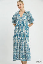 Umgee Midikleid Paisley Hellblau Print V-Ausschnitt Kragen Lässig Rüschen Fließend