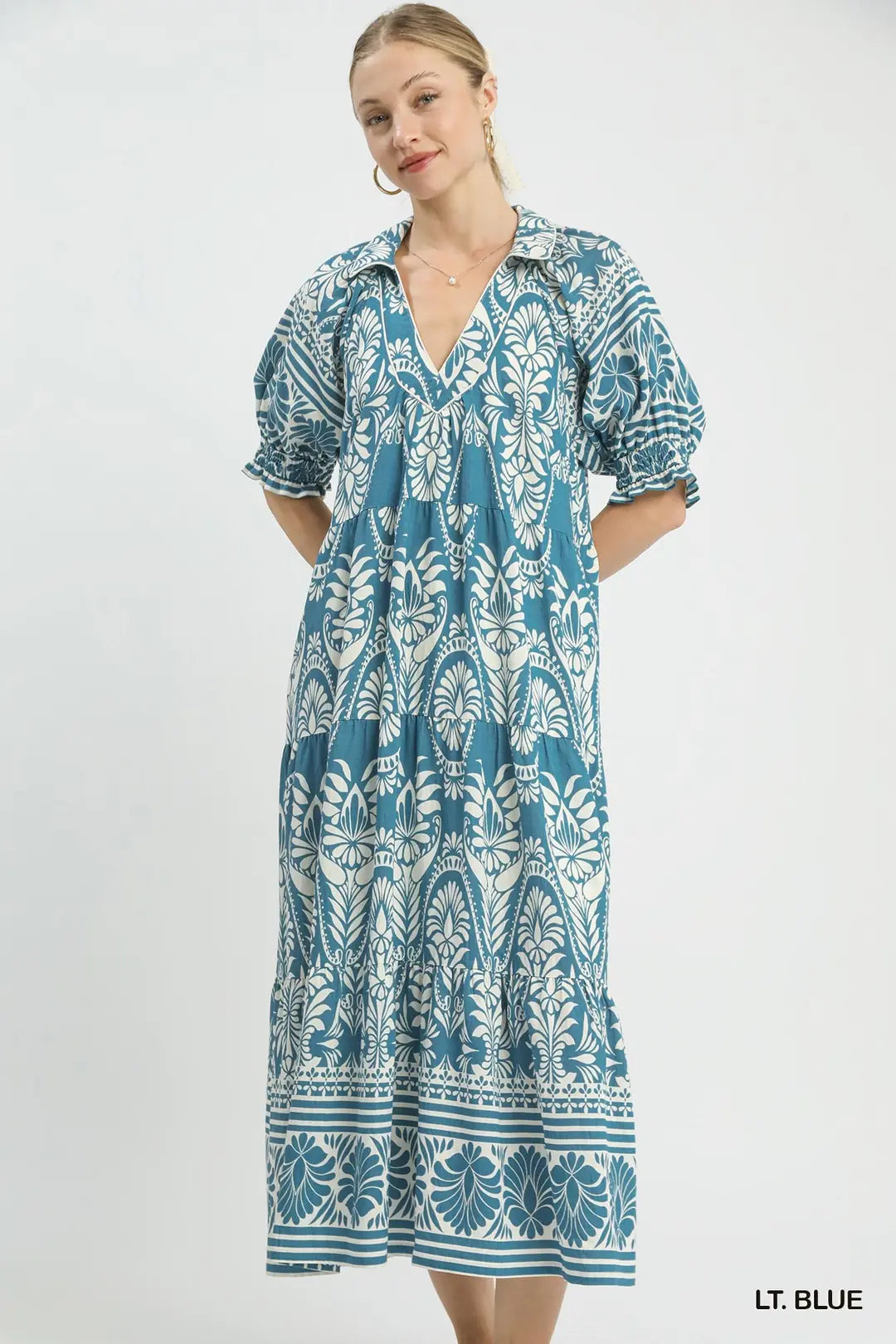 Umgee Midi Dress Paisley Light Blue Print V-Neck Collared Casual Ruffle Flowy