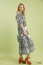 Umgee Midi Dress Paisley Cream Black Print V-Neck Collared Casual Ruffle Flowy