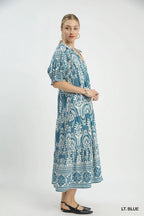 Umgee Midikleid Paisley Hellblau Print V-Ausschnitt Kragen Lässig Rüschen Fließend