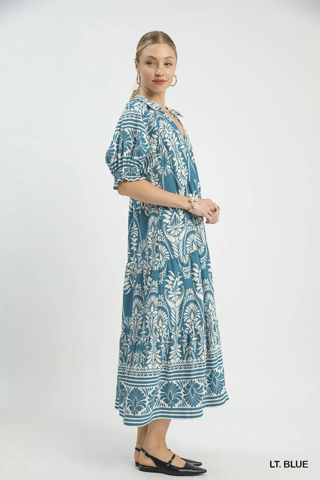 Umgee Midi Dress Paisley Light Blue Print V-Neck Collared Casual Ruffle Flowy