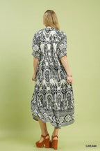 Umgee Midi Dress Paisley Cream Black Print V-Neck Collared Casual Ruffle Flowy