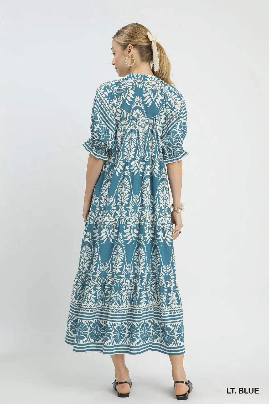 Umgee Midi Dress Paisley Light Blue Print V-Neck Collared Casual Ruffle Flowy