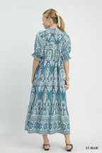 Umgee Midikleid Paisley Hellblau Print V-Ausschnitt Kragen Lässig Rüschen Fließend
