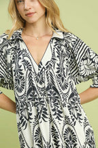 Umgee Midi Dress Paisley Cream Black Print V-Neck Collared Casual Ruffle Flowy