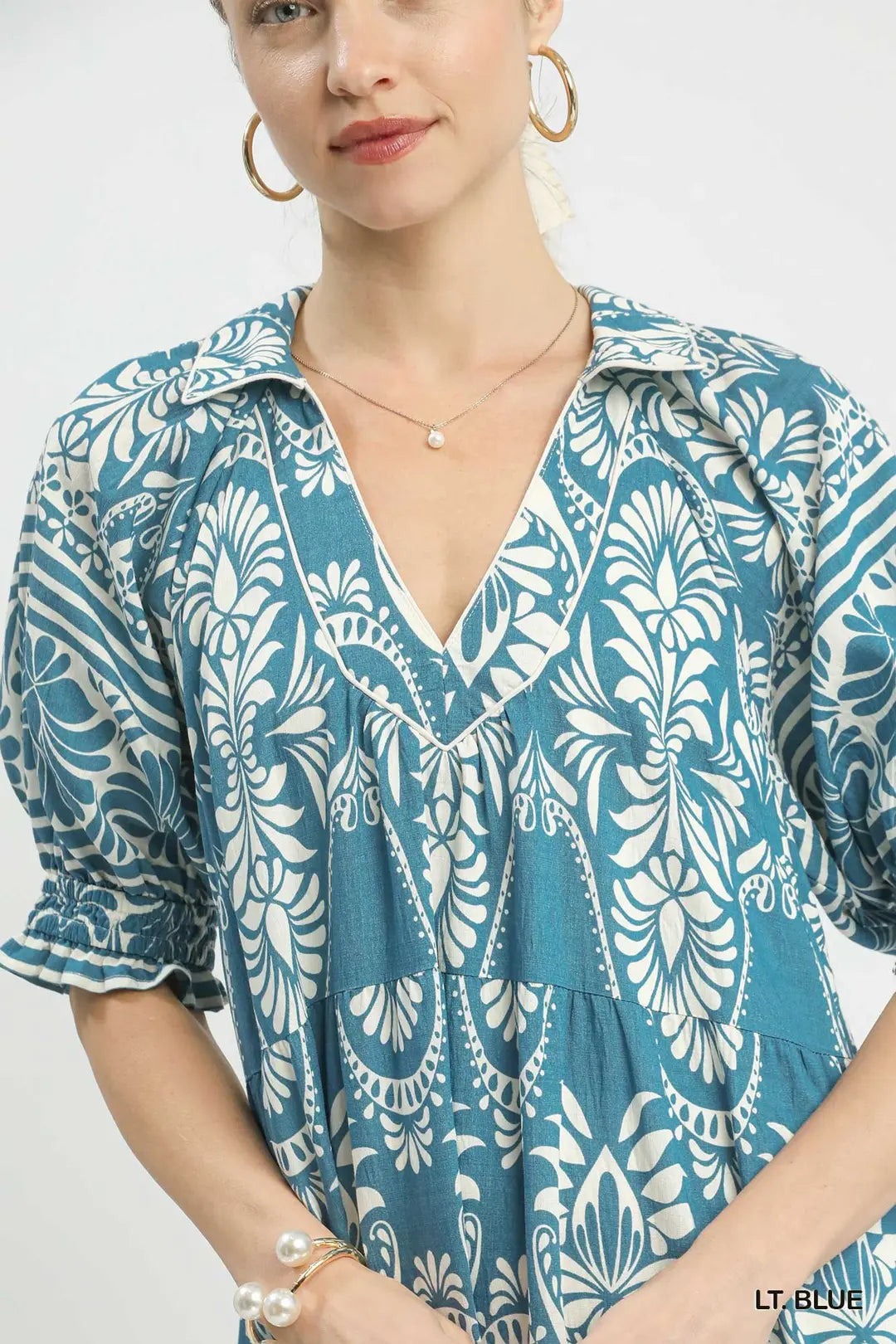 Umgee Midi Dress Paisley Light Blue Print V-Neck Collared Casual Ruffle Flowy