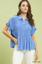 Umgee Shirt Blouse Linen Cotton Ruffle Smocked Azure Blue Short Sleeve Top