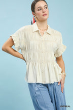 Umgee Linen Cotton Shirt Smocked Button-up Short Sleeve Ruffle Ruched Top