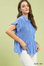 Umgee Shirt Blouse Linen Cotton Ruffle Smocked Azure Blue Short Sleeve Top