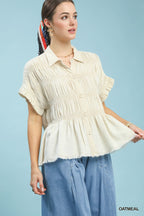 Umgee Linen Cotton Shirt Smocked Button-up Short Sleeve Ruffle Ruched Top