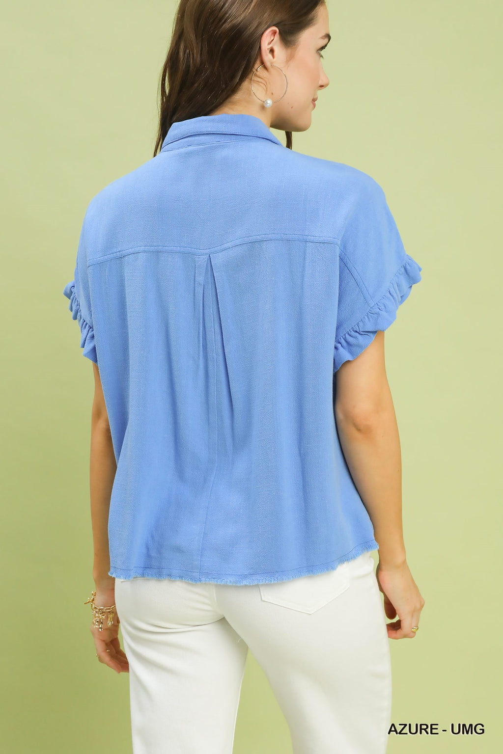 Umgee Shirt Blouse Linen Cotton Ruffle Smocked Azure Blue Short Sleeve Top