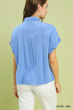 Umgee Shirt Blouse Linen Cotton Ruffle Smocked Azure Blue Short Sleeve Top